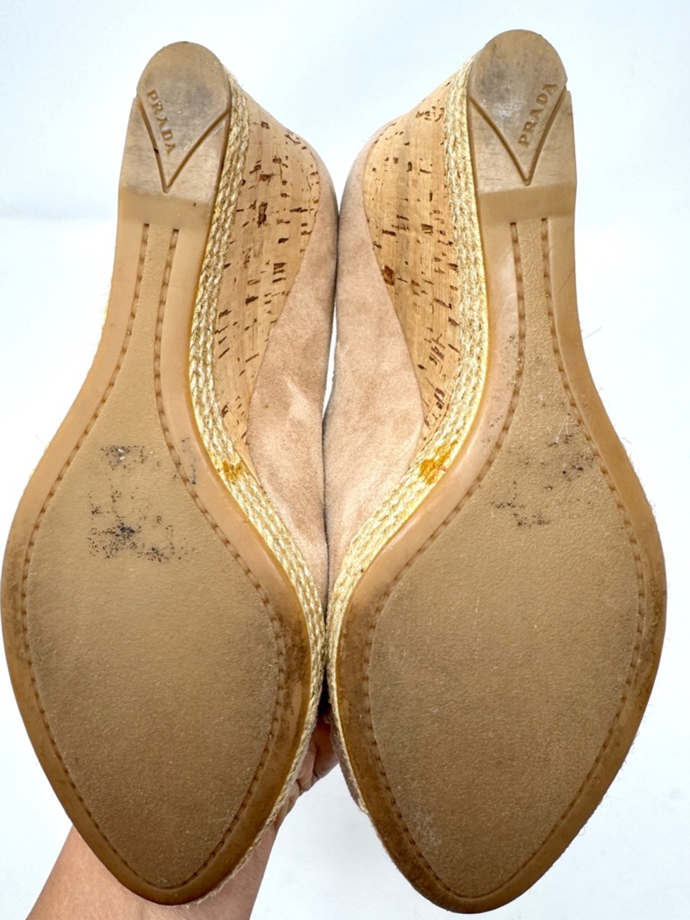 Prada Beige Suede Cork Wedge Peep-Toe Espadrille Pumps - Picture 11 of 14